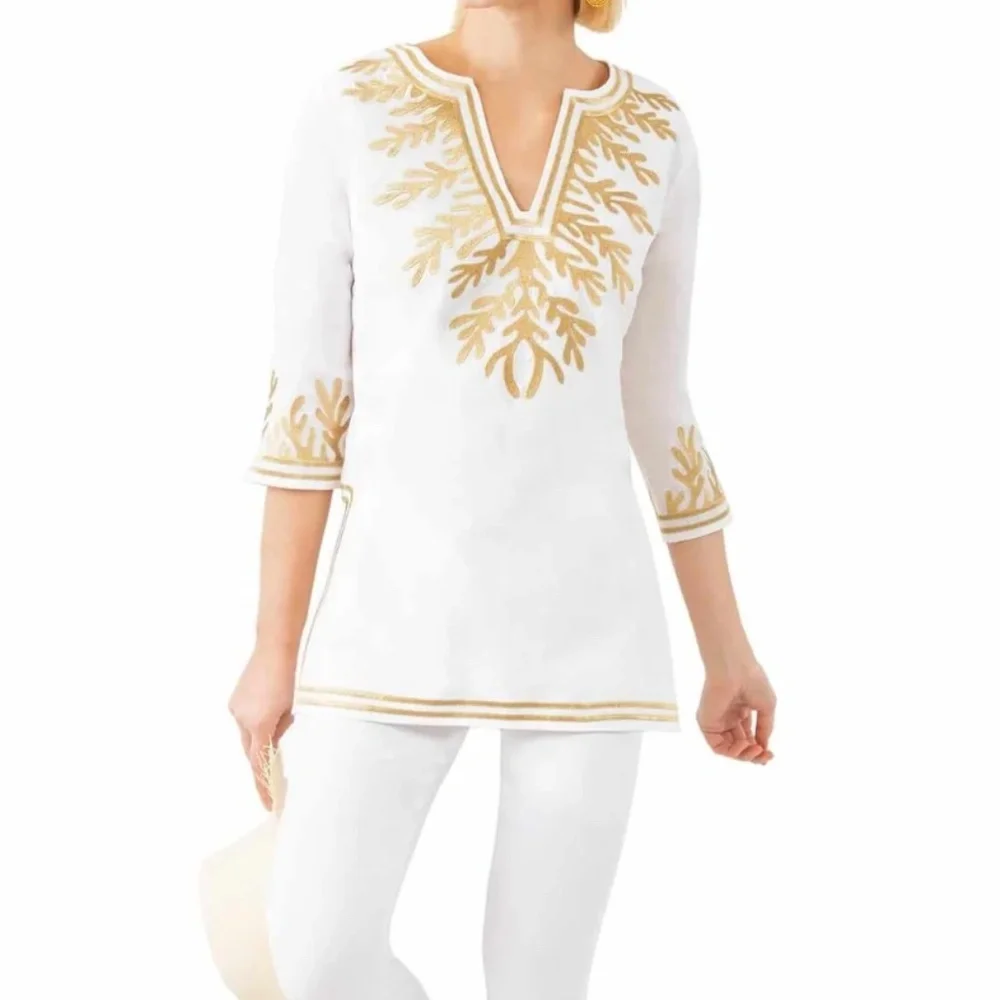 NEW Gretchen Scott Women's Cotton Reef Tunic White Gold 3/4 Sleeve Small S CT - Picture 4 of 5